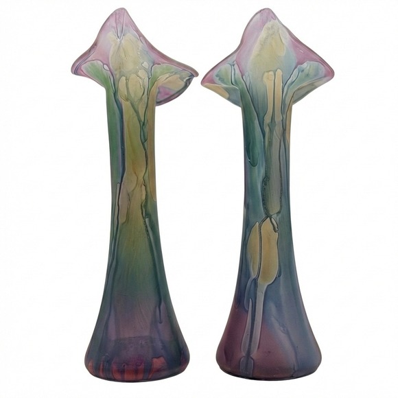 Rueven Glass Calla Lily Bud Vases Pair Hand Painted Art Glass Multi Color Canada - Picture 3 of 8